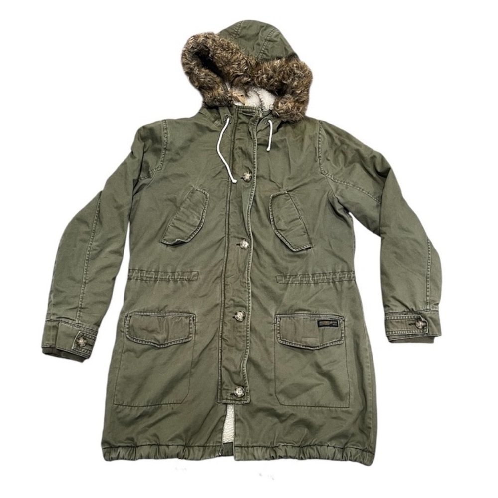 Abercrombie & Fitch Olive Green Sherpa-Lined Military Parka Faux Fur Hood Large
